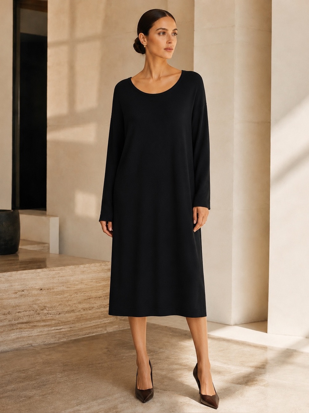 NWT EILEEN FISHER WOMAN ROUNDNECK LONG SLEEVE BUSINESS BLACK SWEATER DRESS SZ 2X